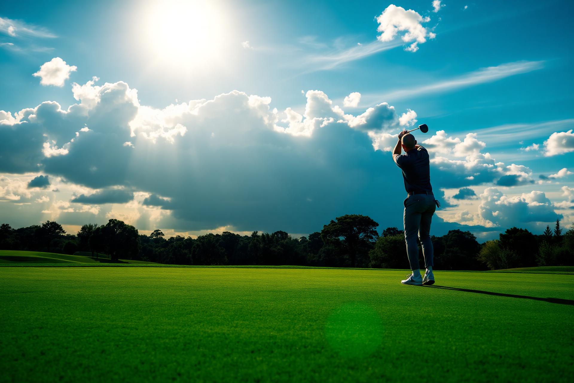 Golfer mid-swing on a lush course